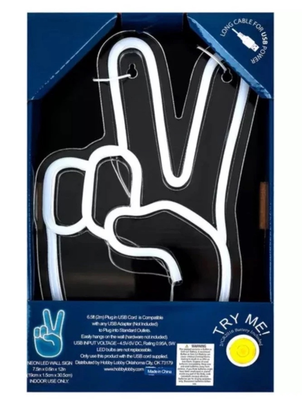 Hobby Lobby Peace Hand LED Neon Light Wall Sign White USB Plug In New In Box